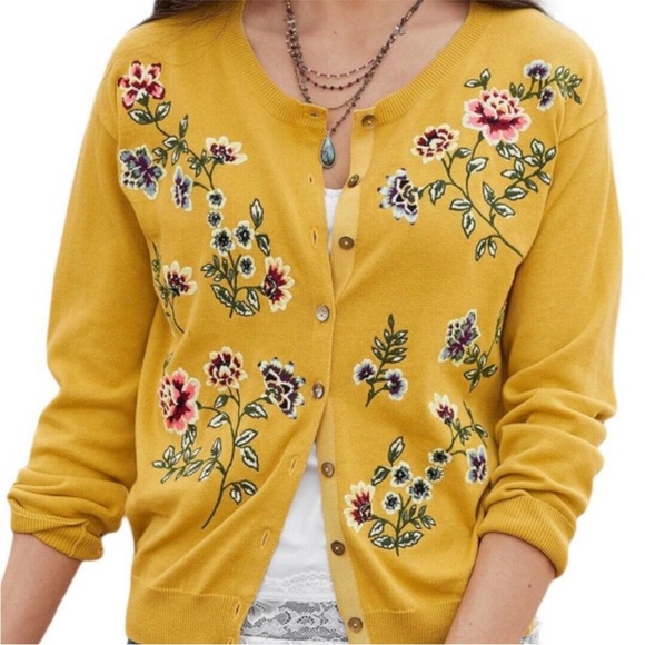 Sundance Sweaters - Sundance Mustard Yellow Create Dreams Floral Embroidered Cardigan
